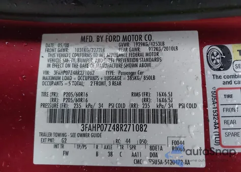 2008 Ford Fusion Se from USA, damaged, VIN 3FAHP07Z48R271082